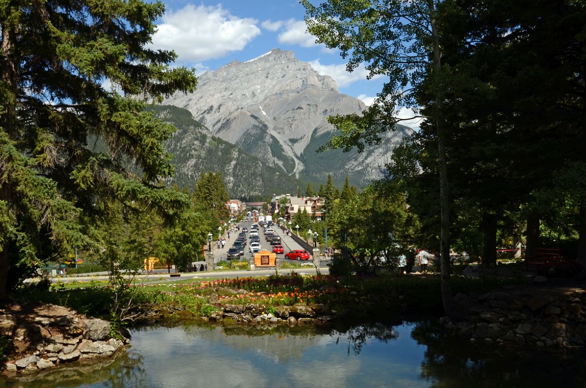 11 The Cascades Of Time Gardens Look Down On Bow River Bridge and Banff Avenue With Cascade Mountain In Summer